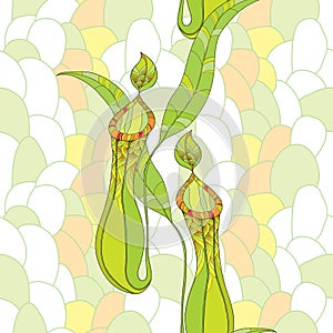 Seamless pattern with Nepenthes or monkey-cup on the pastel mosaic background. Background with carnivorous plants in contour style