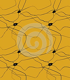 Seamless pattern with nerve celles, illustration, black on orange background