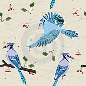 Seamless pattern from new collection with birds. Blue jay.