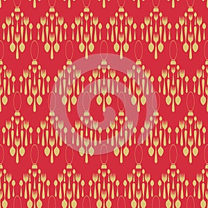 Seamless pattern New Year`s Eve dinner. Christmas decorations in the shape of cones . Gold and red Vector illustration