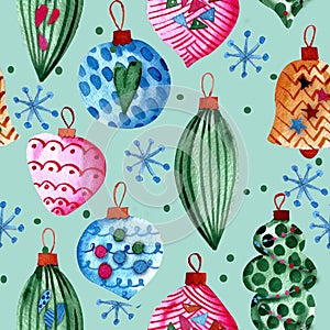 Seamless pattern. New Year`s toys. Balls, icicles, snowflakes