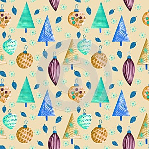 Seamless pattern. New Year`s toys. Balls, icicles, snowflakes