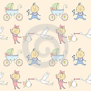 Seamless pattern with newborn babies,pram and stork