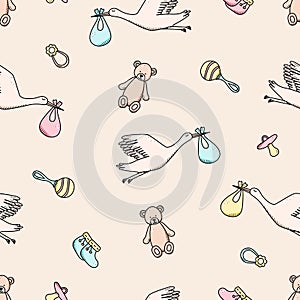 Seamless pattern of newborn icons. Vector illustration background wallpaper baby elements.