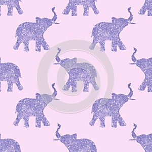 Seamless pattern with nice abstract elephants of glitter. Their trunks raised up - good luck symbol. Violet background