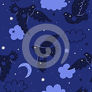 Seamless pattern with night birds in boho style. Vector graphics