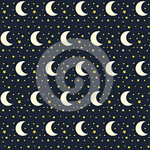 Seamless pattern of night sky with stars and moon