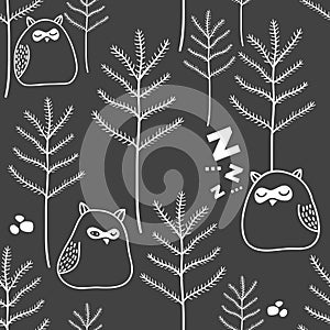 Seamless pattern of night in woodland with cute owls.