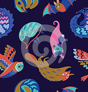 Seamless pattern with nocturnal animals. Vector illustration