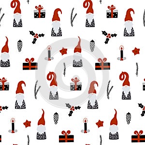 Seamless pattern with Nordic Gnomes and christmas festive decorations. Hand drawn scandinavian print.