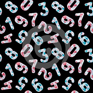 Seamless pattern of numbers from zero to nine with stars and hearts on black background