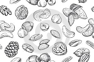 Seamless pattern with nuts - almond, cashew, walnut, pistachio.