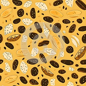Seamless pattern with nuts and seeds. Hand drawn vector illustration