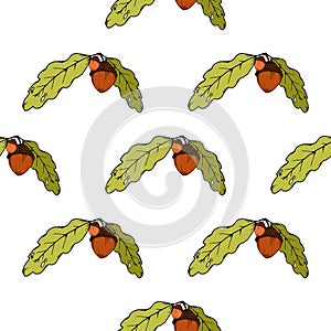 Seamless pattern of oak leaves and acorns. Vector of a seamless pattern of an oak branch with an acorn. Hand drawn oak leaves with