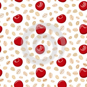 Seamless pattern with oat flakes and cherries on white. Vector hand drawn illustration.