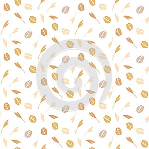 Seamless pattern with oat flakes on white background. Cereal plants, agriculture industry organic crop products for oat