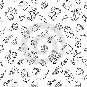 Seamless pattern of objects for pajama, sleepover or slumber party in doodle style. Hand drawn black outline isolated on a white