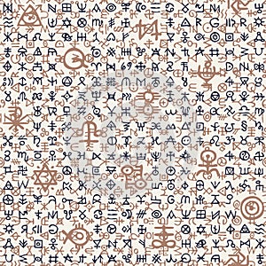 Seamless pattern with occult signs and magic runes