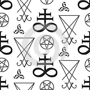 Seamless pattern with occult symbols Leviathan Cross, pentagram, Lucifer sigil and 666 the number of the beast hand drawn black an