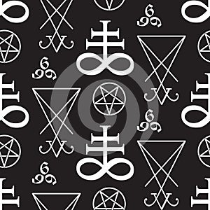 Seamless pattern with occult symbols Leviathan Cross, pentagram, Lucifer sigil and 666 the number of the beast hand drawn black an