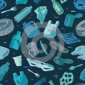 Seamless pattern ocean pollution. Keep the sea, plastic free concept.