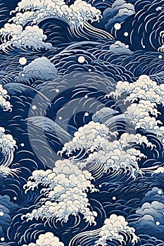 seamless pattern ocean wave with risograph style and monotone dark blue color, Generated AI