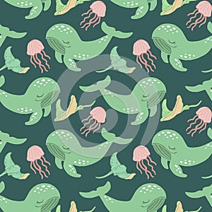 Seamless pattern, ocean, whales, jellyfish and stingrays. Turquoise colors. Design for textiles, print.