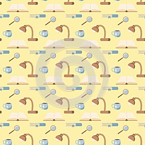 Seamless pattern with office tools for education, writing utensils, stationery, table lamp, book, magnifier, cup of tea on a