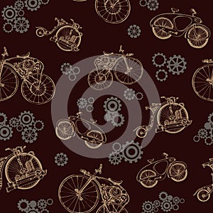 Seamless pattern with old bicycle and gears. Steampunk style