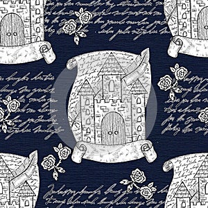 Seamless pattern with old castle tower, banner, roses and handwritten text over blue.
