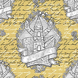 Seamless pattern with old castle tower, roses, banner and handwritten text.