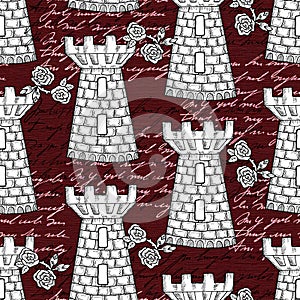 Seamless pattern with old castle tower, roses and handwritten text.