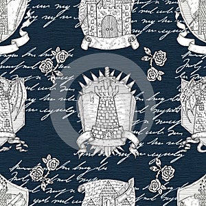 Seamless pattern with old castle tower, sword, banner and handwritten text over blue. Vintage hand drawn background. No foreign