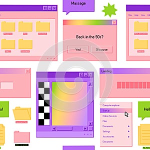 Seamless pattern of old computer windows. Retro screen panel with user interface elements