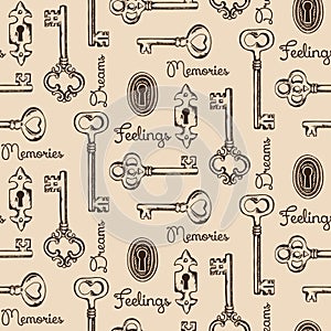 Seamless pattern of the old keys and keyholes