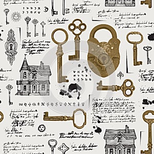 Seamless pattern with old keys, padlock and houses