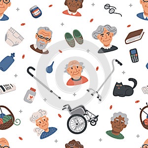 Seamless pattern with Old people. Portraits of Elderly persons and nursing home items on white background, medical care