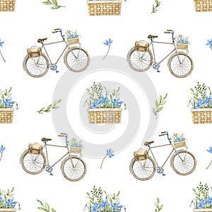 Seamless Pattern with old retro city Bicycle and blue watercolor Flowers. Hand drawn ornament with urban cycle and green