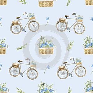 Seamless Pattern with old retro city Bicycle and watercolor Flowers isolated on pastel blue background. Hand drawn