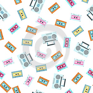 Seamless pattern with old school stereo radio cassete player and audio mixtape. Vintage background of retro portable