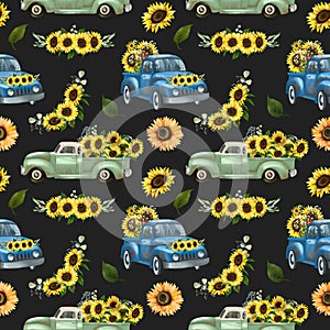 Seamless pattern of old trucks with sunflowers illustration