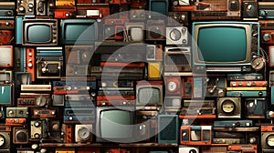 Seamless pattern. Old or vintage style televisions, radios, amplifiers and speakers. Generative Ai.