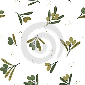 Seamless pattern with olive branches. Botanical illustration of green plant sprigs with fruits. Flat cartoon design