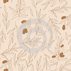 Seamless pattern of olive branches. Botanical illustration with leaves and fruits.