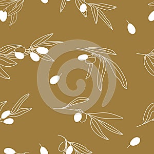 Seamless pattern of olive branches. Botanical illustration with leaves and fruits.