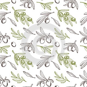 Seamless pattern with olive branches and fruits for Italian cuisine design, extra virgin oil food, cosmetic product packaging