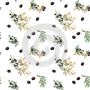 Seamless pattern of olive tree branches with black ripe olives and golden leaves