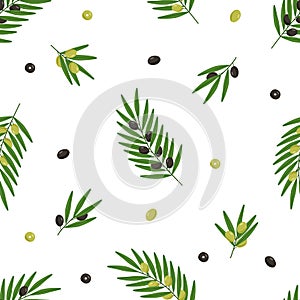 Seamless pattern of olive tree twigs and leaves and olive berries. Vector illustration, background or wallpaper.