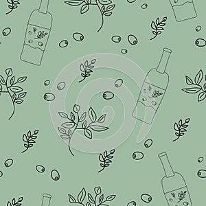 Seamless pattern with olives, olive oil, olive branch on green background in doodle style