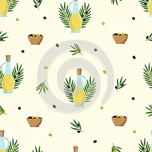 Seamless pattern Olives, olive oil and branches with leaves and berries. Vector illustration.